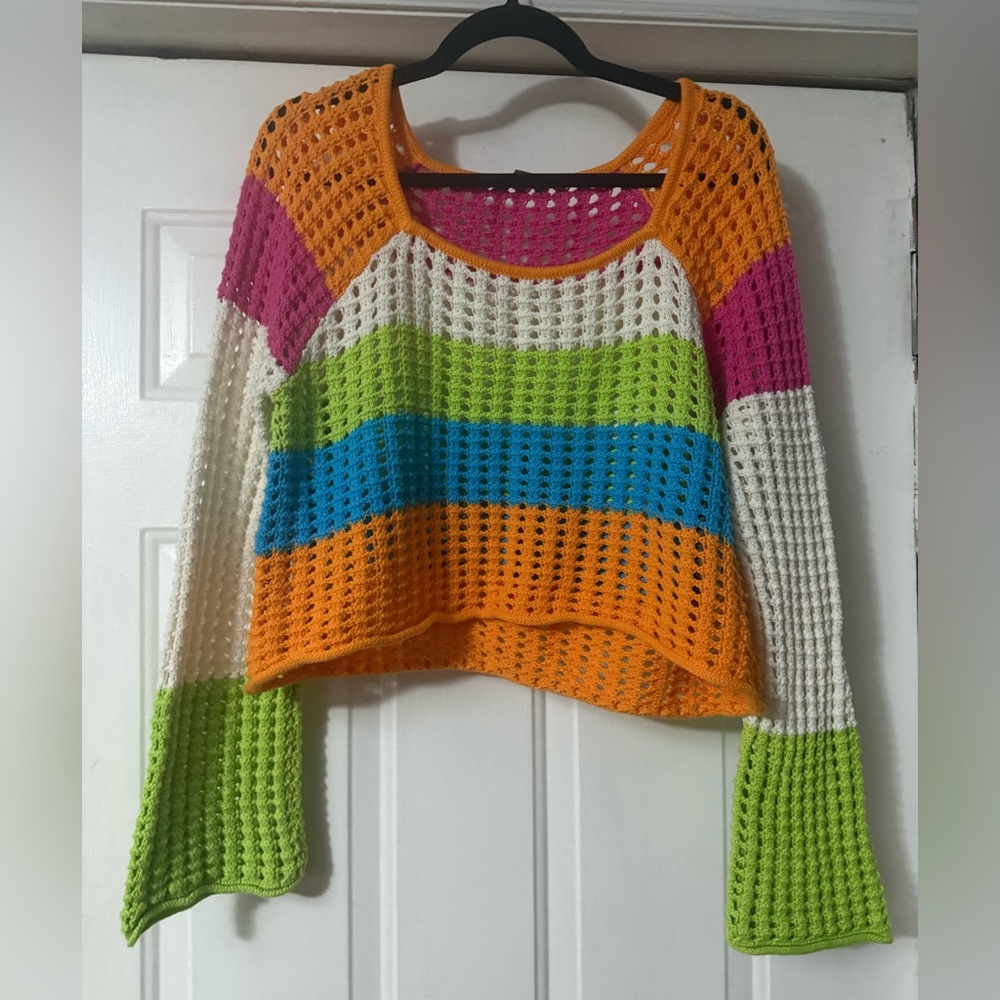 🌈 Y2K Colorblock Crochet Sweater Wild Fable M | Festival Knit Top - Picture 2 of 12